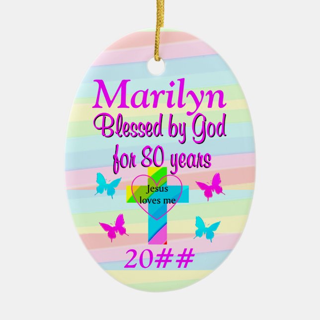 JESUS LOVES ME 80TH BIRTHDAY CUSTOM ORNAMENT (Front)