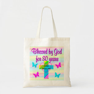 JESUS LOVES ME 80TH BIRTHDAY TOTE BAG