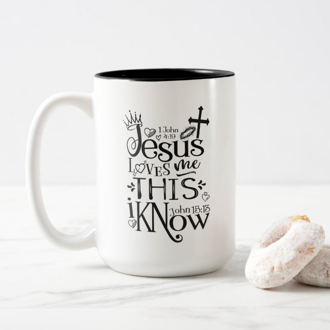 JESUS LOVES ME Christian Faith Quote Black Two-Tone Coffee Mug (With Donut)