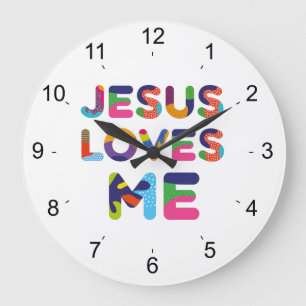 Jesus Loves Me Colourful Decorative Text Art Large Clock