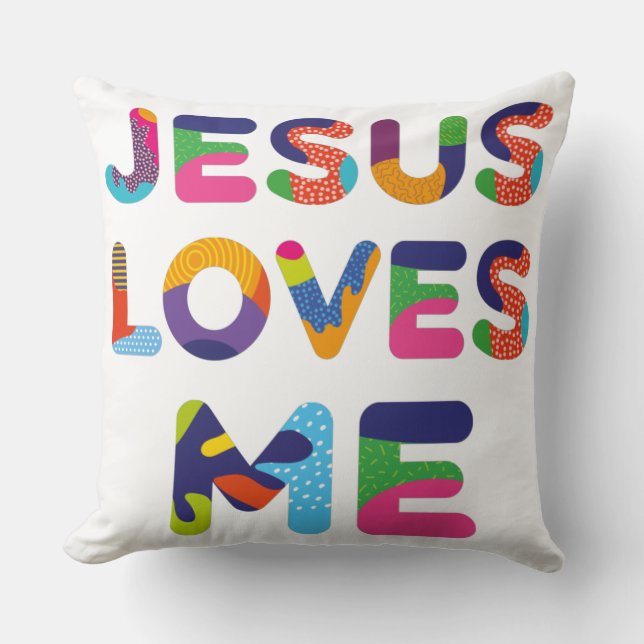 Jesus Loves Me Colourful Text Art Cushion (Front)