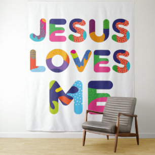 Jesus Loves Me Colourful Text Art Tapestry
