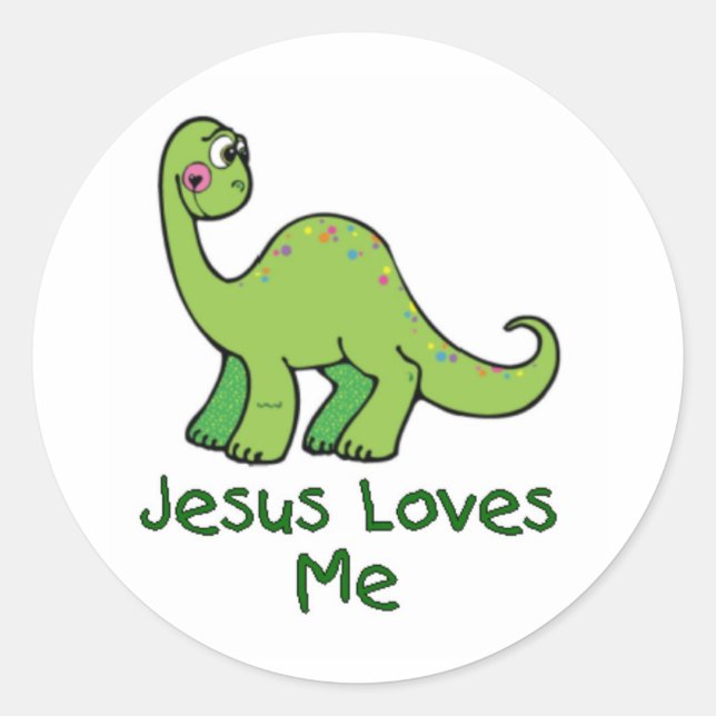 Jesus Loves Me Dino Classic Round Sticker (Front)