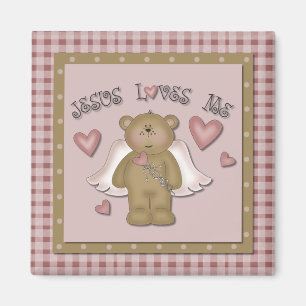 Jesus Loves Me Teddy Bear Angel Square Magnet