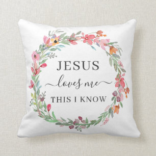 Jesus Loves Me Watercolor Floral Wreath Cushion