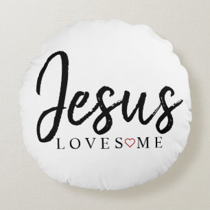 Jesus Loves Me with red heart   Round Cushion