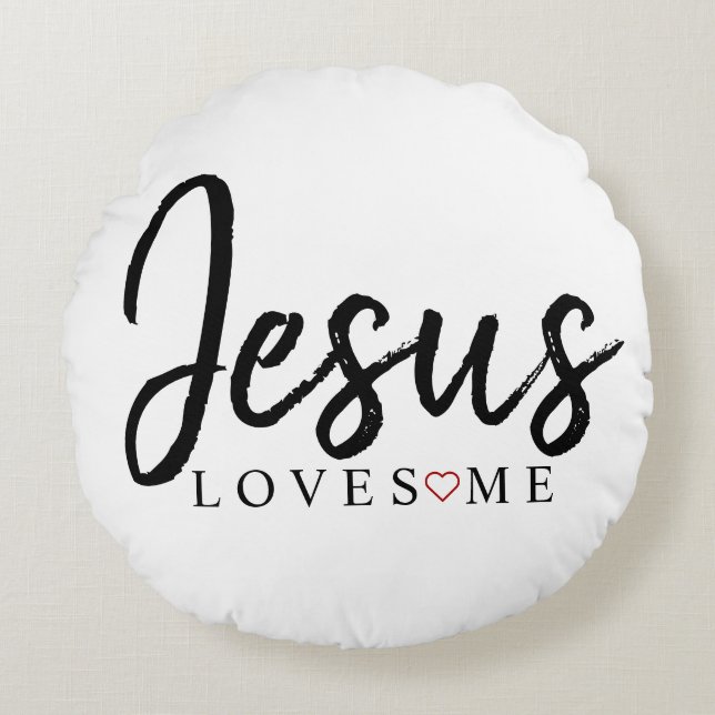 Jesus Loves Me with red heart | Round Cushion (Front)