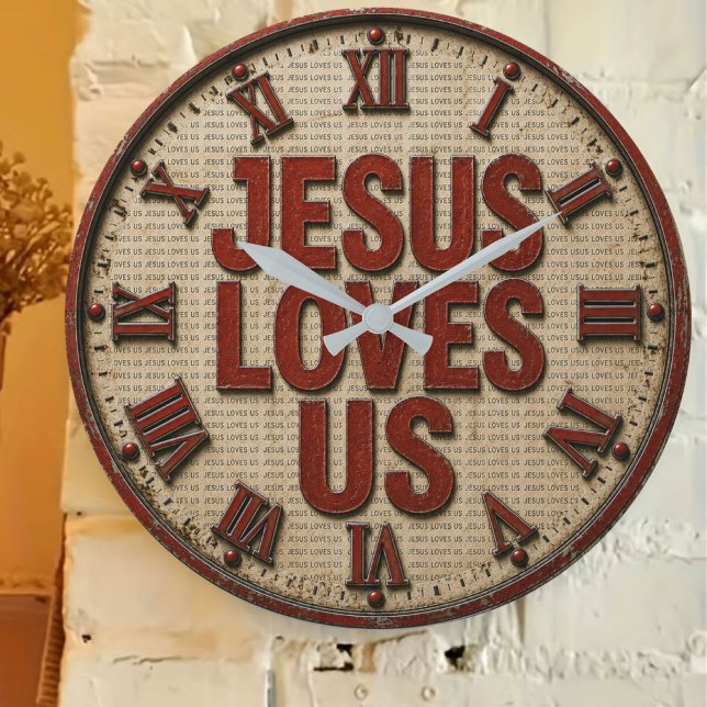 Jesus Loves Us Vintage Rustic Christian  Large Clock (Creator Uploaded)