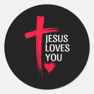 Jesus Loves You Christian Love Cross Heart Design Classic Round Sticker