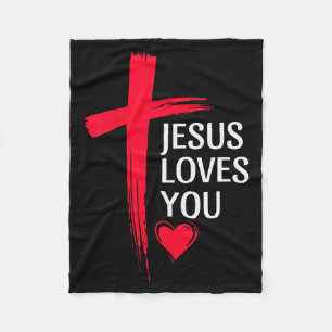 Jesus Loves You Christian Love Cross Heart Design Fleece Blanket