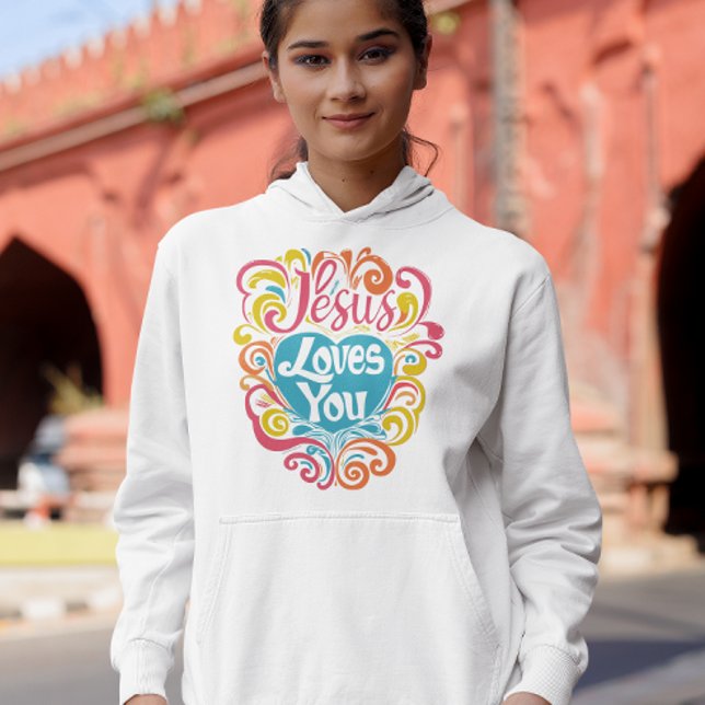 Jesus Loves You Colourful Groovy Christian Jesus Hoodie (Jesus loves you groovy colorful Jesus hoodie unisex)