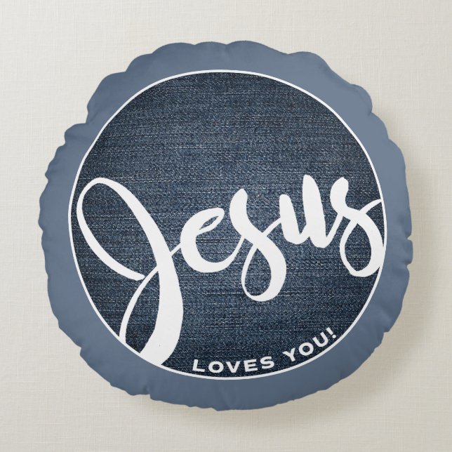 Jesus Loves You Denim Circle Round Cushion (Front)