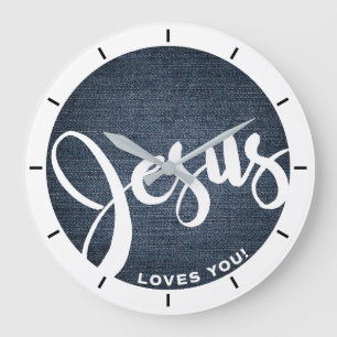 Jesus Loves You Denim Large Clock