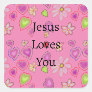 Jesus Loves You Hearts Pink Square Sticker