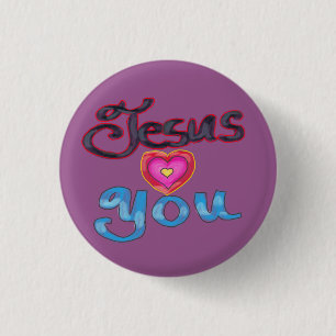 ‘Jesus Loves You’ Pink Heart on Purple 3 Cm Round Badge