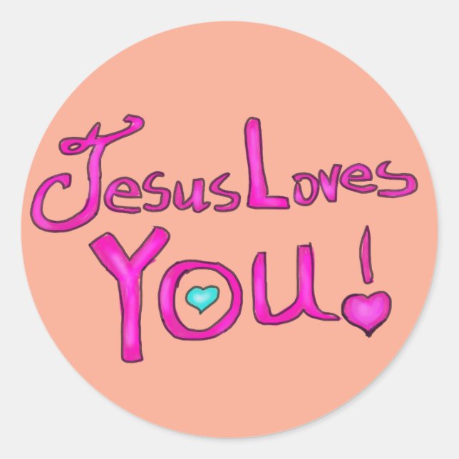 Jesus Loves You Pink Peach with Heart  Classic Round Sticker (Front)