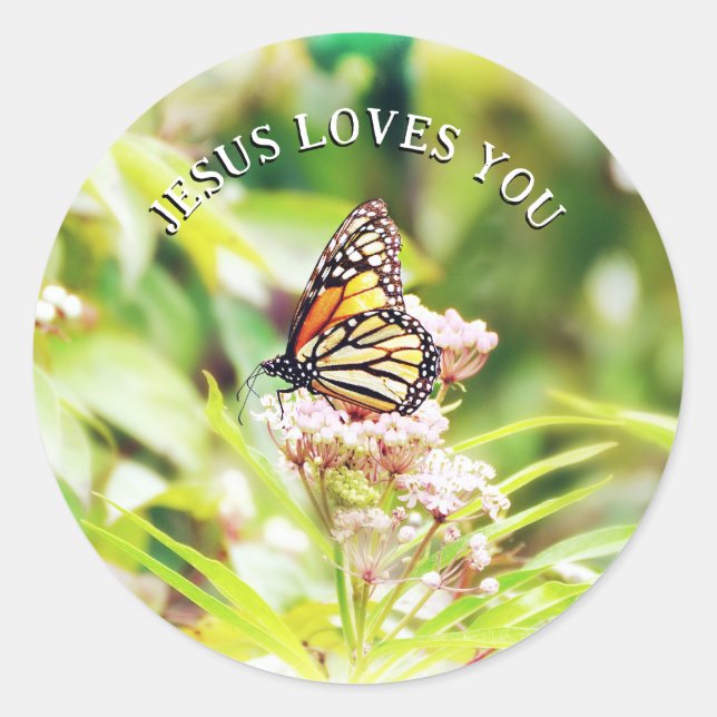 Jesus Loves You Pretty Butterfly Christian Floral Classic Round Sticker (Front)