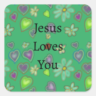 Jesus Loves You Purple Green Hearts Square Sticker