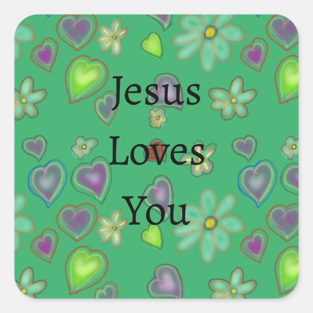 Jesus Loves You Purple Green Hearts Square Sticker (Front)