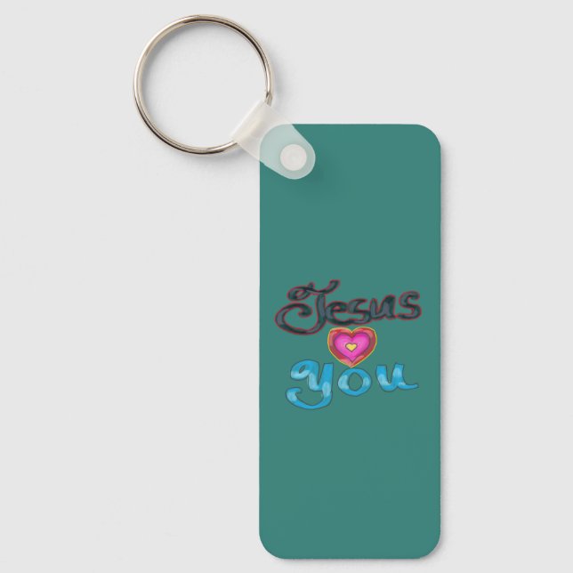 ‘Jesus Loves You’ Turquoise Custom Name  Key Ring (Front)