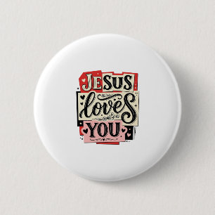 Jesus Loves You Vintage Engraving Christian Typogr 6 Cm Round Badge