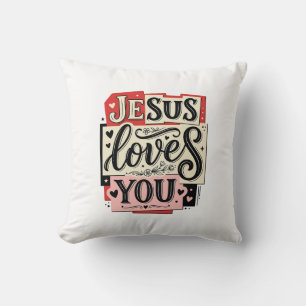 Jesus Loves You Vintage Engraving Christian Typogr Cushion