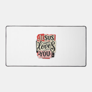 Jesus Loves You Vintage Engraving Christian Typogr Desk Mat