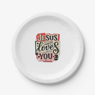 Jesus Loves You Vintage Engraving Christian Typogr Paper Plate