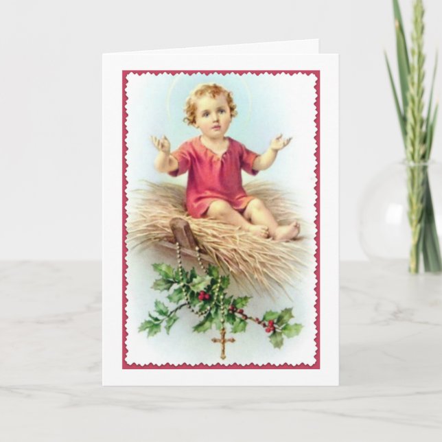 Jesus Manger Christ Child Rosary Holly Berry Straw Holiday Card (Front)