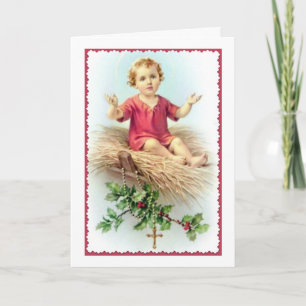 Jesus Manger Christ Child Rosary Holly Berry Straw Holiday Card