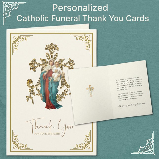 Jesus Mary Catholic Funeral Condolence Thank You Card (Personalized Catholic Funeral Thank you Cards with the Virgin Mary and Jesus)