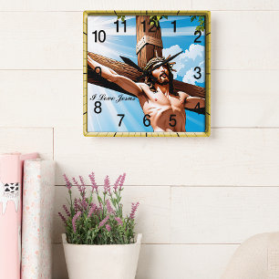 Jesus nailed to the cross square wall clock