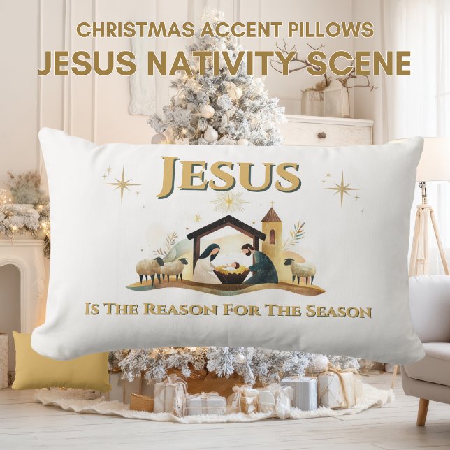 Jesus Nativity Christmas Accent Pillow Gold (Jesus Christmas Season Christian Lumbar Pillow)