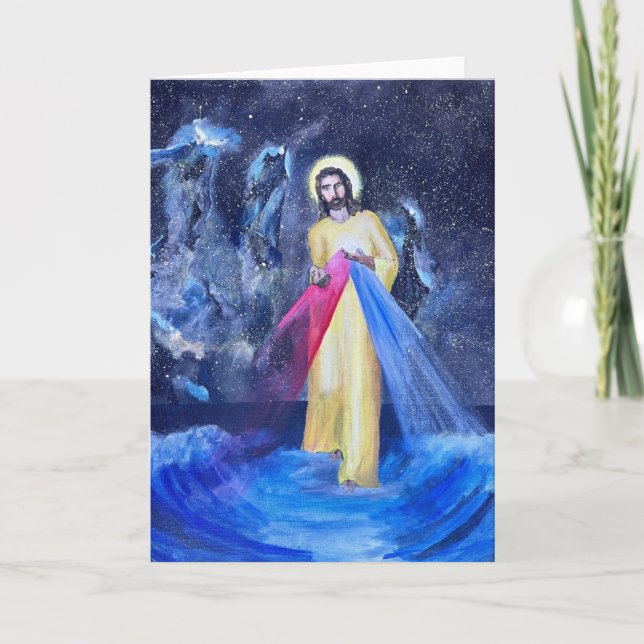 Jesus on blue water with galaxy and outerspace thank you card (Front)