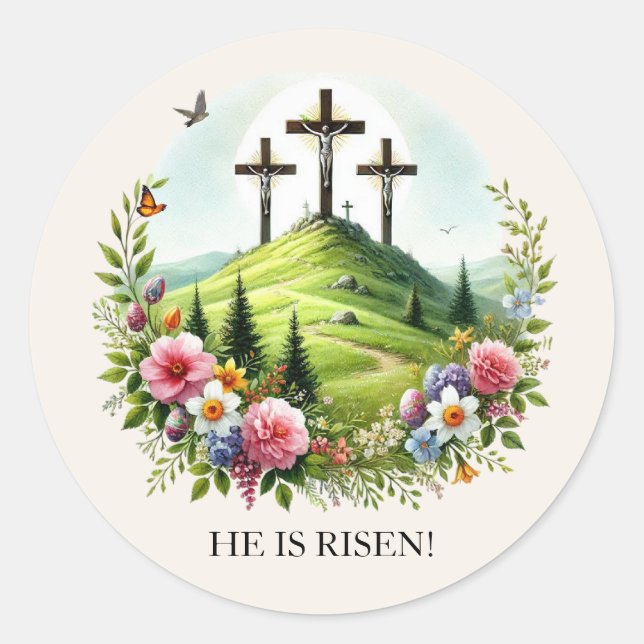 Jesus on Cross He is Risen Easter Classic Round Sticker (Front)