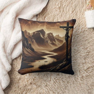 Jesus on Cross in Peaceful Mountains Cushion