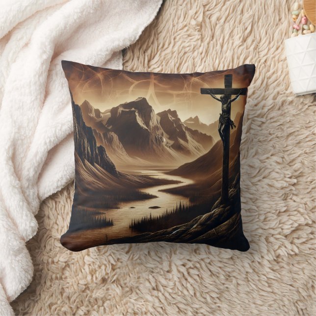 Jesus on Cross in Peaceful Mountains Cushion (Blanket)