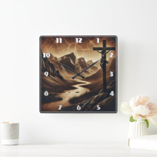 Jesus on Cross in Peaceful Mountains Square Wall Clock