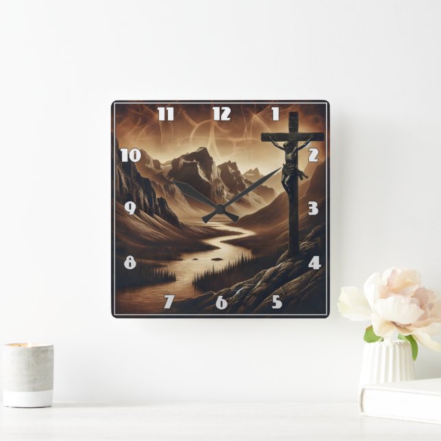 Jesus on Cross in Peaceful Mountains Square Wall Clock (Home)