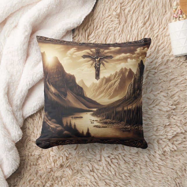 Jesus on Cross With Mountain View Cushion (Blanket)