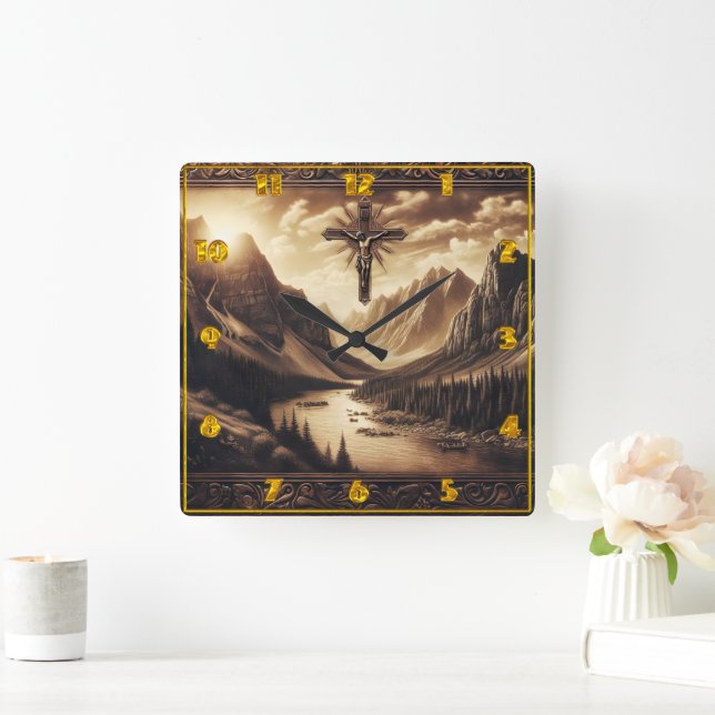 Jesus on Cross With Mountain View Square Wall Clock (Home)