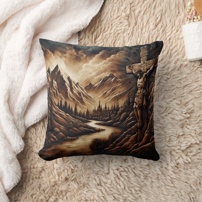 Jesus on Cross With Mountains and River Cushion (Blanket)