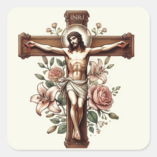 Jesus on Crucifix with Roses Religious Square Sticker (Front)