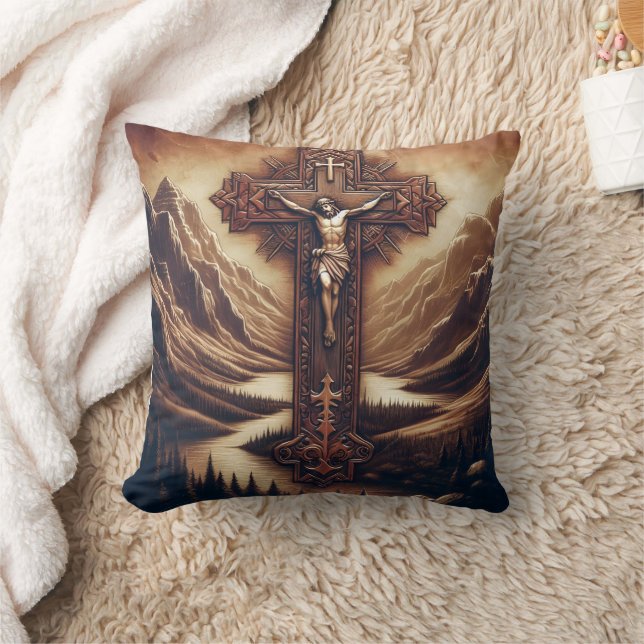 Jesus On The Cross In Mountain Landscape Cushion (Blanket)