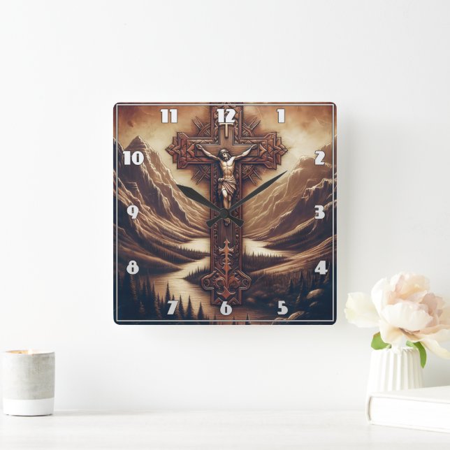 Jesus On The Cross In Mountain Landscape Square Wall Clock (Home)