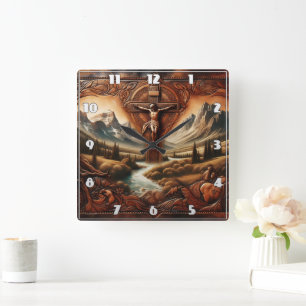Jesus on the Cross in Serene Mountain Landscape Square Wall Clock