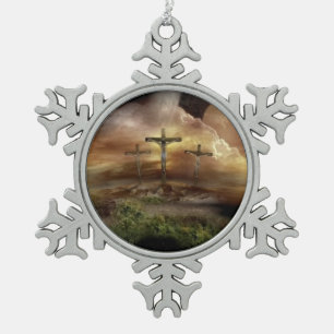 JESUS ON THE CROSS SNOWFLAKE PEWTER CHRISTMAS ORNAMENT