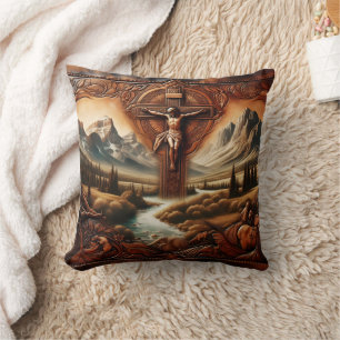 Jesus on the Cross Surrounded by Nature at Sunset Cushion