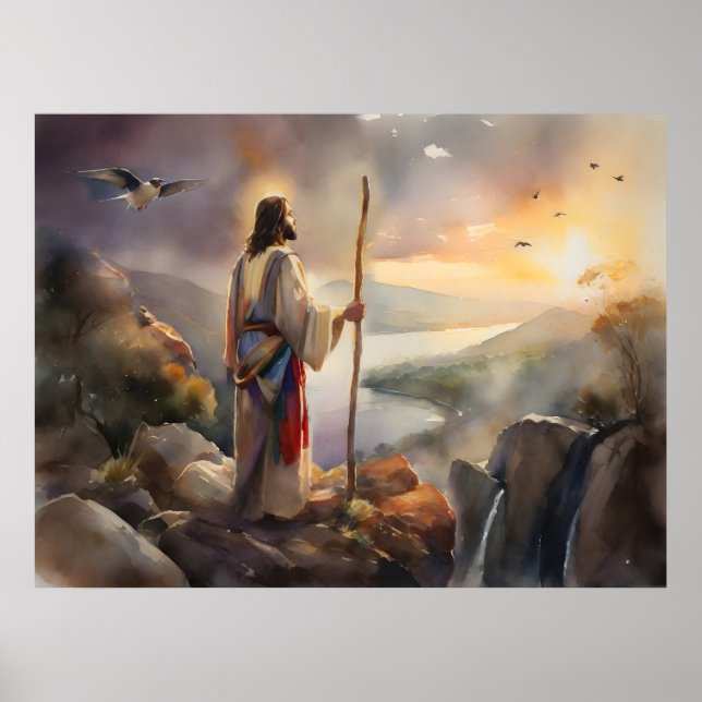 Jesus On Top Of The Hill Watching Sunset Poster (Front)