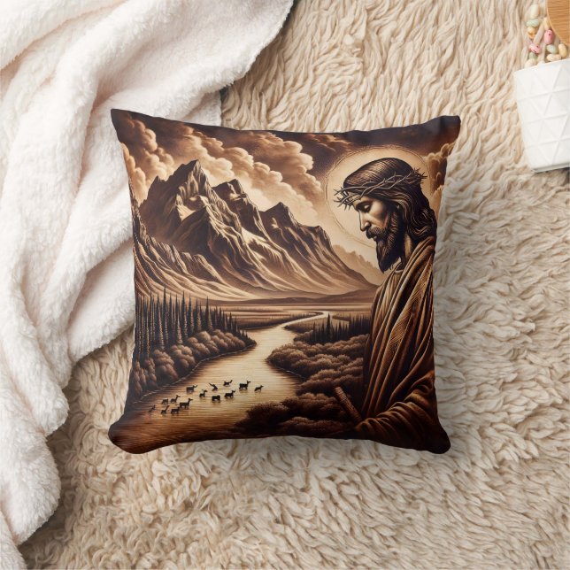 Jesus Overlooking a Peaceful River Landscape Cushion (Blanket)